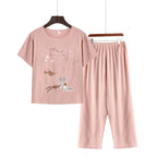 Pyjama Pour Femme Casual Cotton Linen Sleepwear Set Vintage Printed