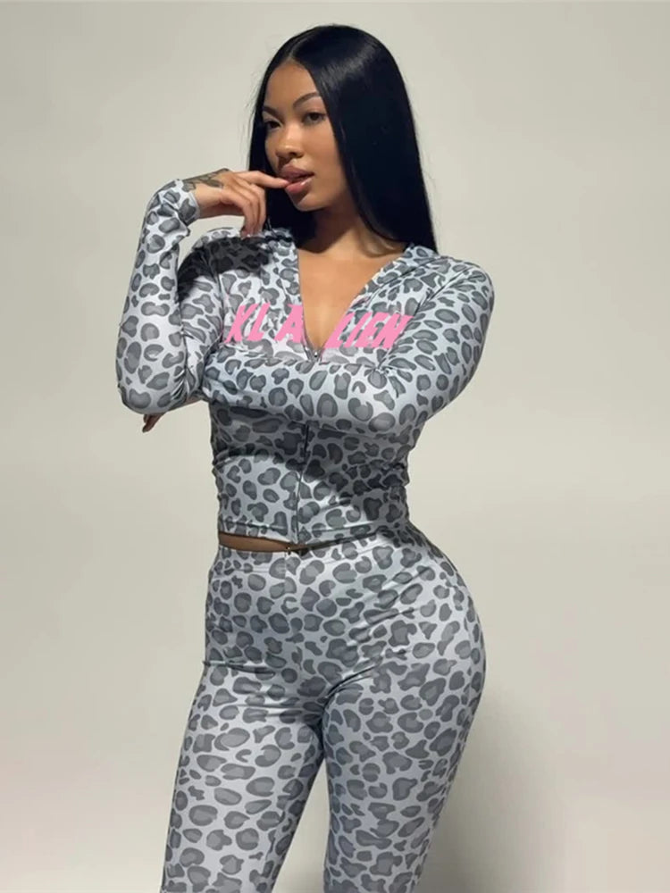 SiSterlinda Hooded 2 Piece Set Women Letter Leopard Zip Jacket+Flare Pants Casual Matching Stretch Sporty Streetwear Tracksuit