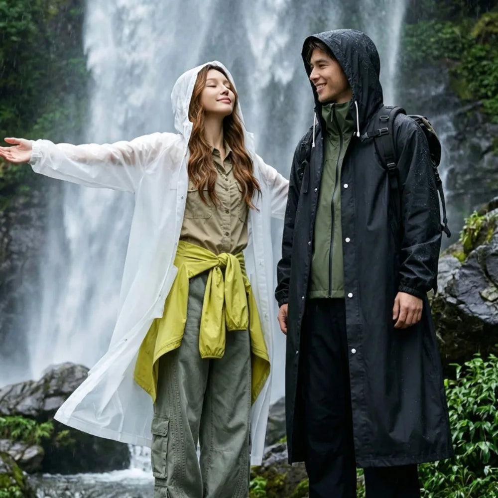Unisex Adult EVA Waterproof Long Raincoat Hooded Drawstring Design Portable Outdoor Travel Fishing Camping Windproof Rain Wear