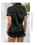 Elegant Satin Solid Pajamas Set Short Sleeve Lapel Buttons Top And
