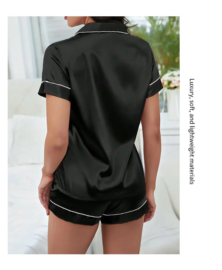 Elegant Satin Solid Pajamas Set Short Sleeve Lapel Buttons Top And Shorts Breathable Fabric Skin-Friendly Fit Women's Sleepwear