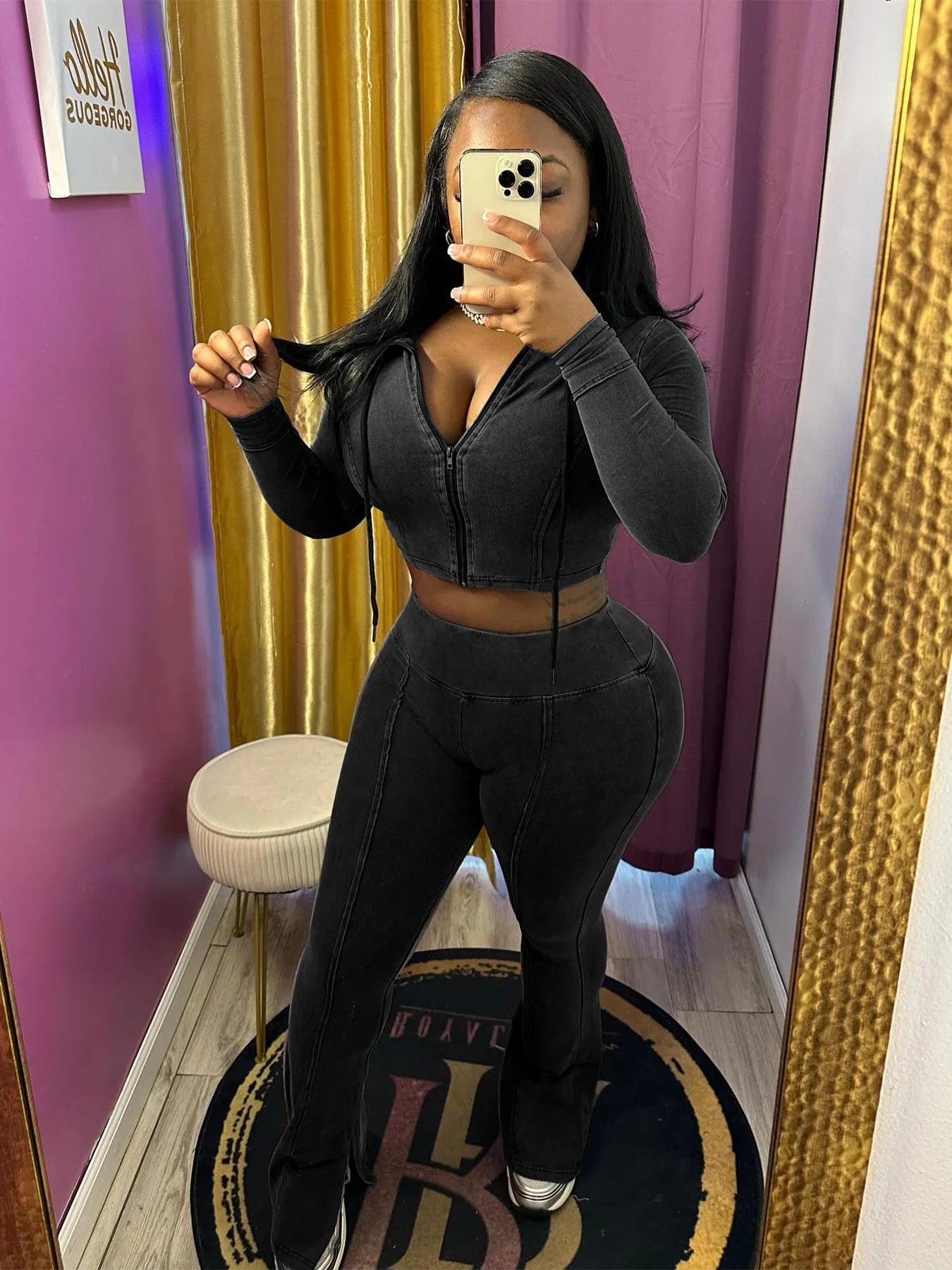 Ensemble 2 Pièces Femme – Veste À Capuche + Pantalon Évasé Taille Haute Sport