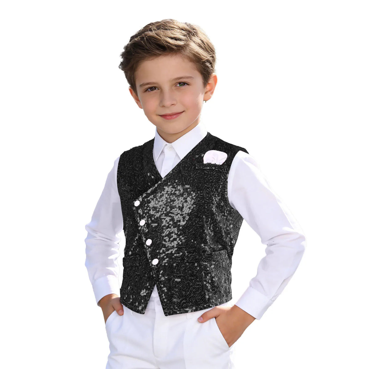 Kids Boys Glittery Sequin Waistcoat Fashion Childs Button-down Vest Tank Top for Birthday Party Prom Dance Wedding Costume Vests