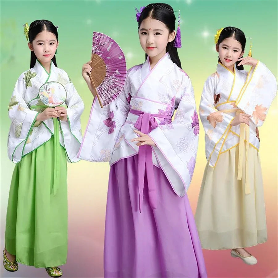 2025 Robe en soie chinoise pour filles, Kimono pour enfants, Costume de danse de chorale Hanfu traditionnel Vintage