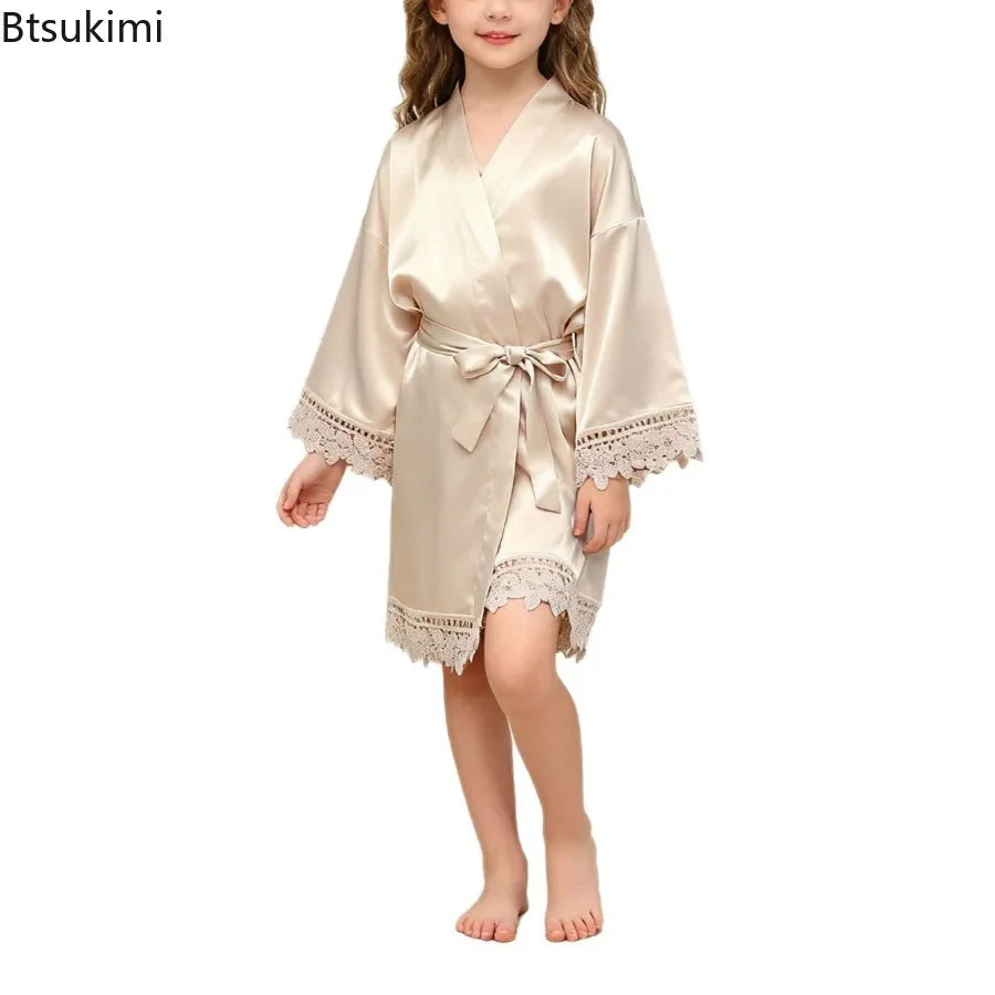 Children's Ice Silk Pajama Robe Solid Color Matte Lace Morning Robe Pajama Smooth Soft Comfortable Casual Child Sleeping Robe