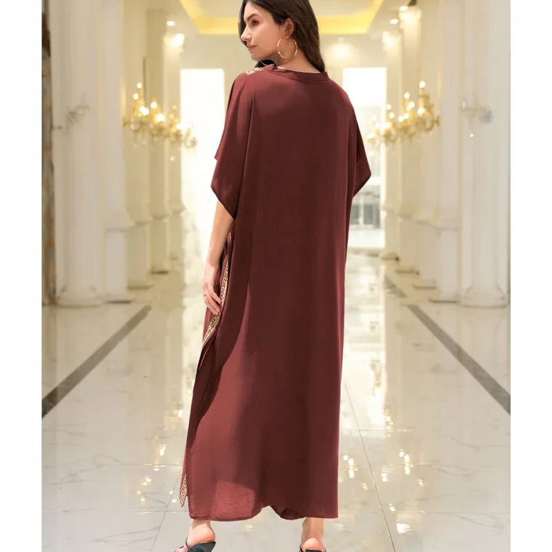 Boho Dress Women's Fashion Cotton Embroidered Beach Sun Protection Dresses For Women Loose Robe Bikini Swimsuit Outer Blouse