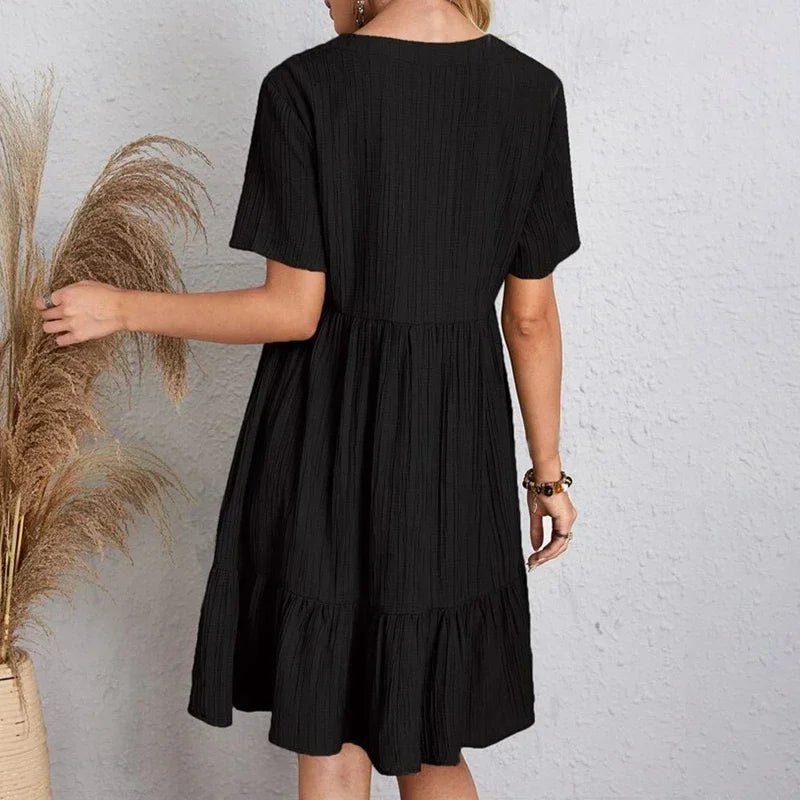 Plus Size Loose A-line Short Sleeve Pleated Women Dress V-neck Solid Color Beach Dresses Elegant Simple Oversize Comfort Clothes