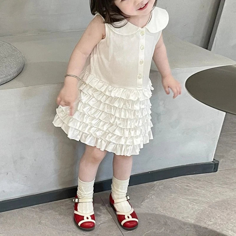 Children's Clothing 2025 Summer New Sweet White POLO Collar Vest Skirt Girls' Patchwork Pleated Cake