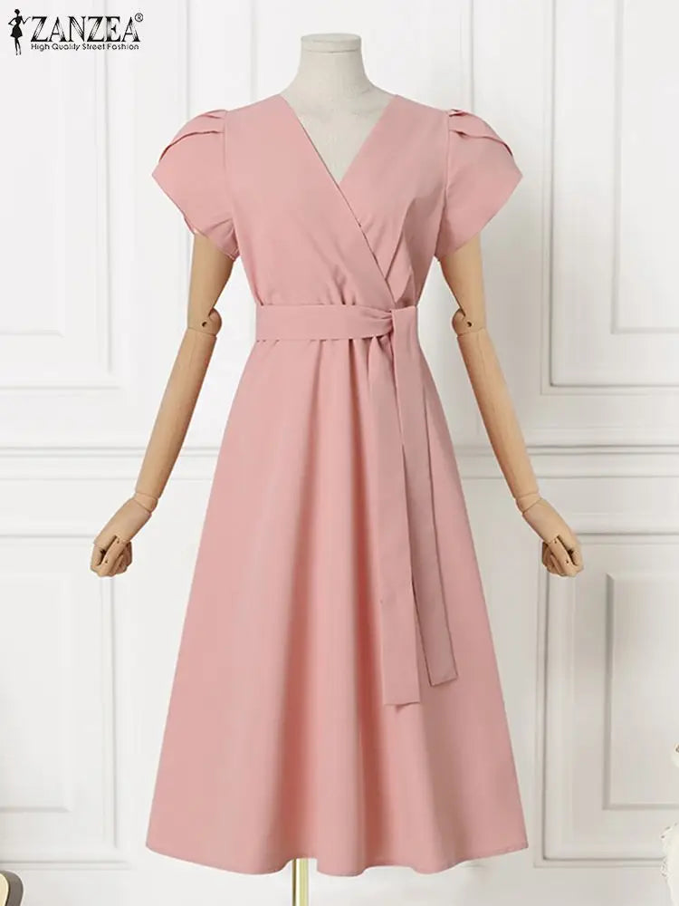 Women Fashion OL Work Sundress ZANZEA Elegant Summer Short Sleeve Dress Casual Solid A Line Vestido Kaftan Sarafans Robe Femme