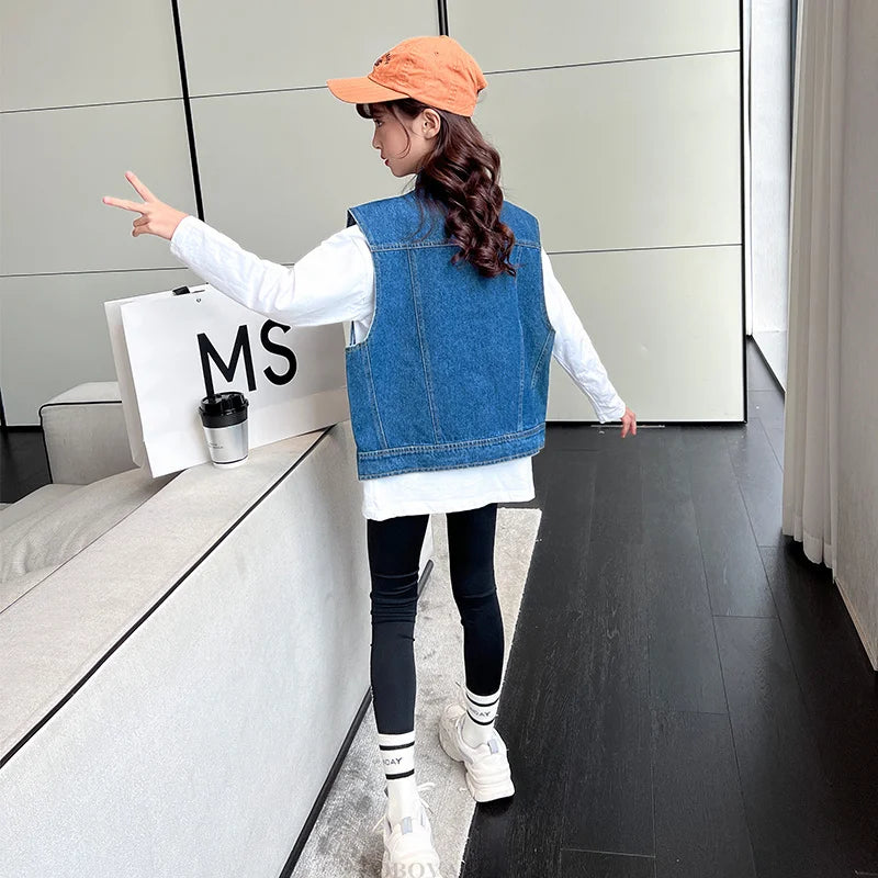 New Fashion Kids Girl Denim Vest Wasitcoat with Smile Face Outerwear Vintage Blue Children Casual Sleeveless Denim Jacket Outfit