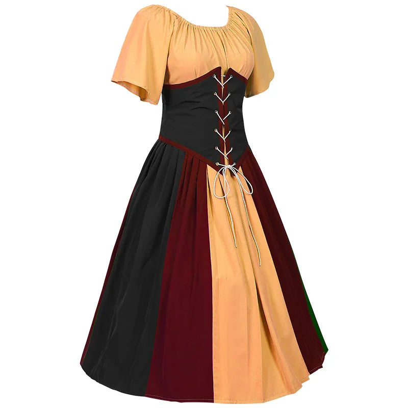 Costumes Halloween pour femmes,robe trapèze rétro médiévale,couleur contrastée,robe à épaules en un mot
