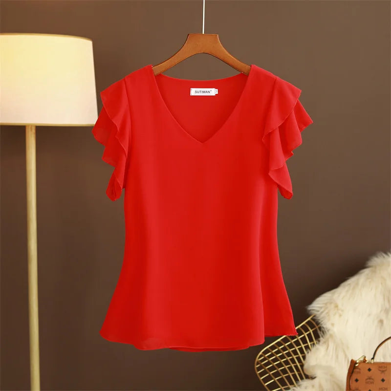 2026 Fashion Summer Dress Women Blouse Top New Short Sleeved V-neck Chiffon T-shirt Women's Loose and Versatile Small Shirt