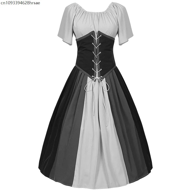 Costumes Halloween pour femmes,robe trapèze rétro médiévale,couleur contrastée,robe à épaules en un mot