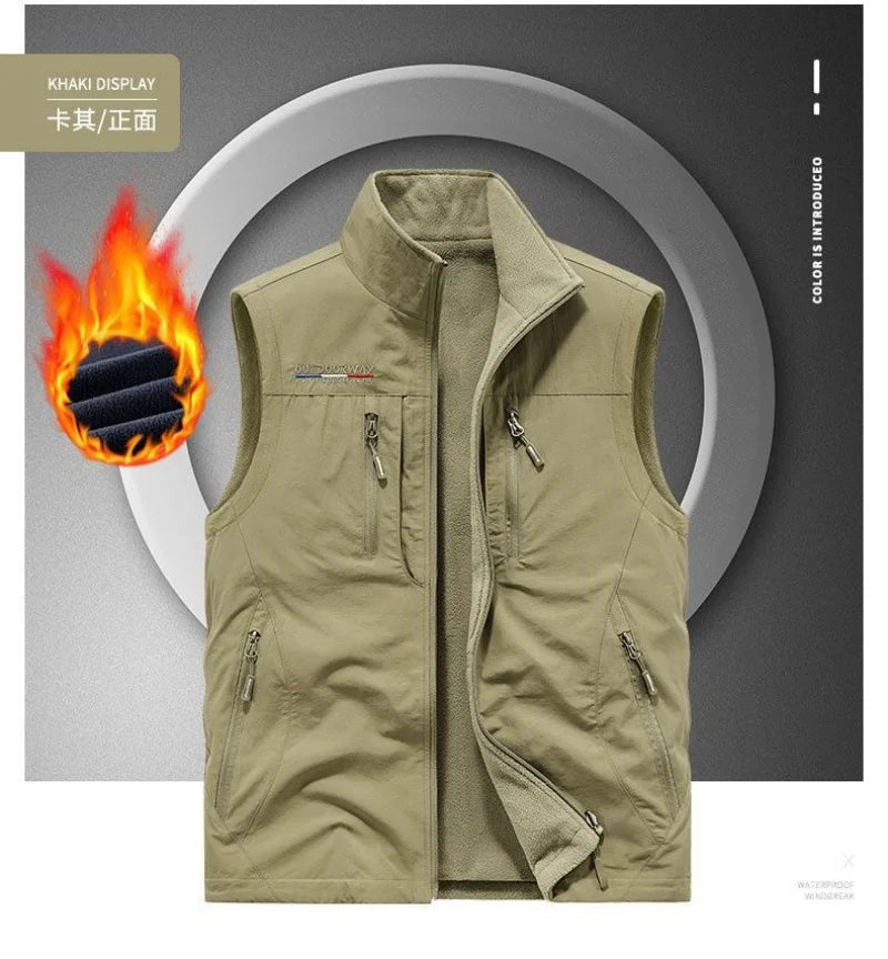 Men's Thickened Double-Sided Fleece Vest for Outdoor Sports Warm Comfortable Fleece Jacket Attached Multipurpose Vest