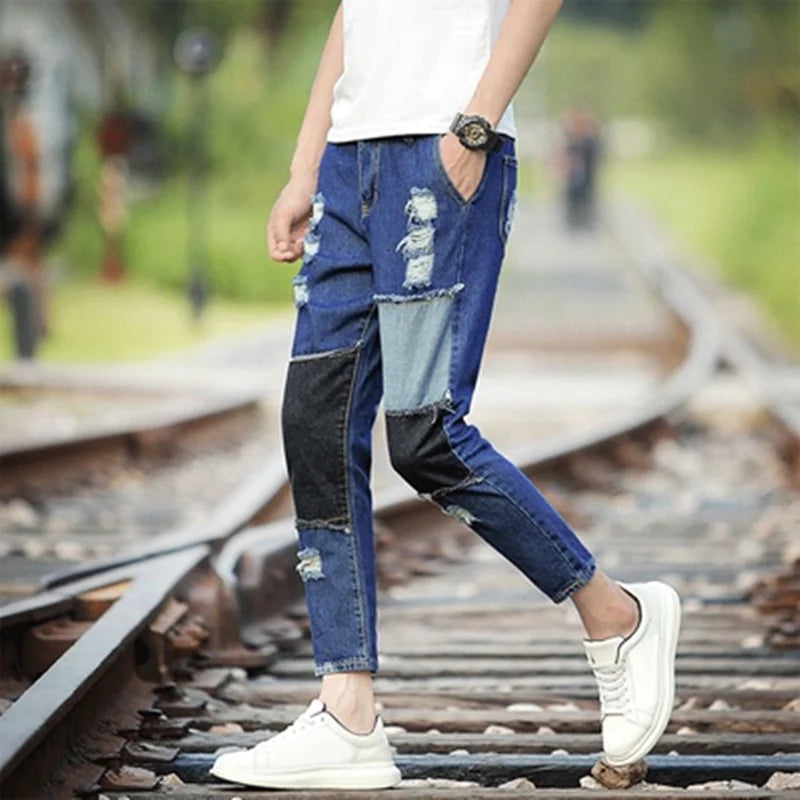 Men's Summer Thin Loose Straight Leg Jeans Casual Nine Point Ankle-Length Torn Elastic Cotton Denim Youth Fashion Wear