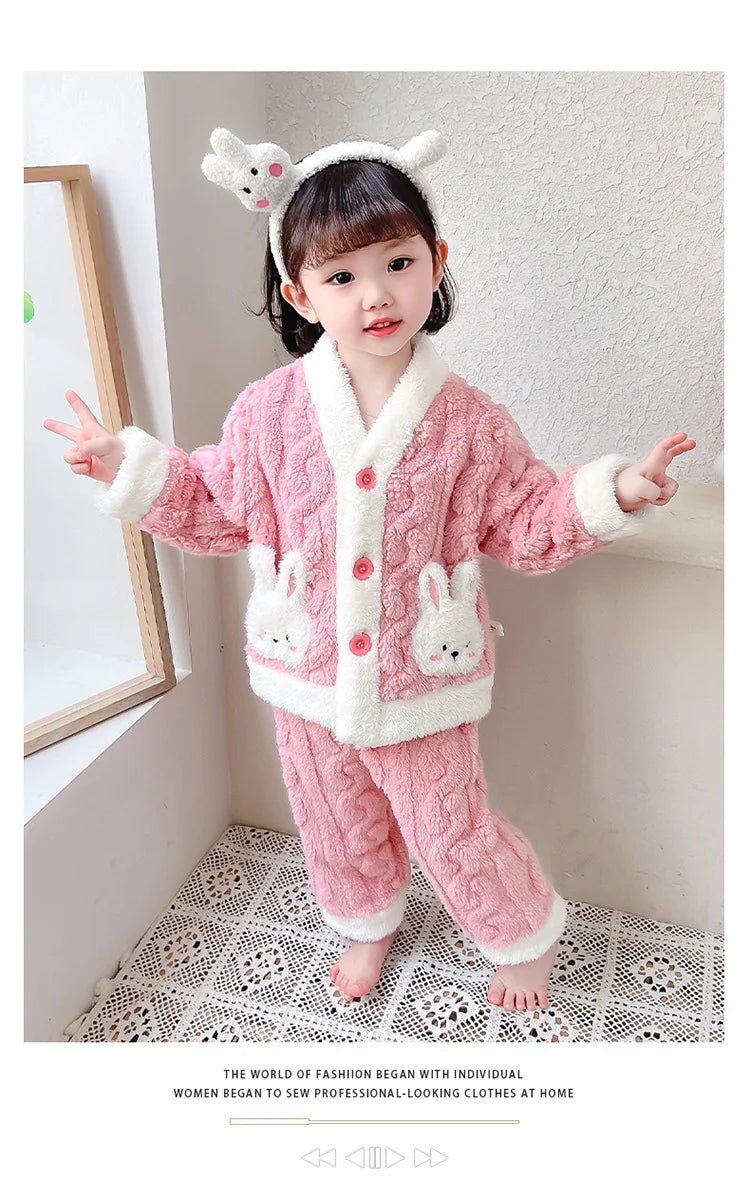 Pyjama Fille Flanelle Motif Lapin – Chaud Kawaii Automne Hiver 90-130cm