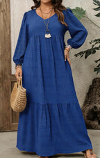 Plus Size Women Solid Textured Dress Stretchy V Neck Lantern Sleeve Loose Tiered Casual Maxi Dress