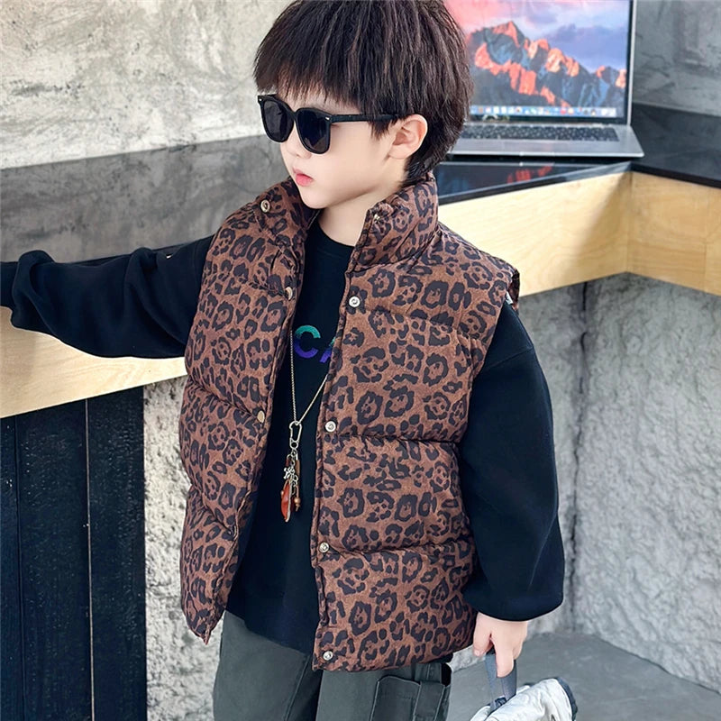 New Fashion Baby Boy Girl Leopard Print Sleeveless Vest Elegant Kids Children Winter Waistcoat Age 2 3 4 5 6 7 8 9 10 11 Years