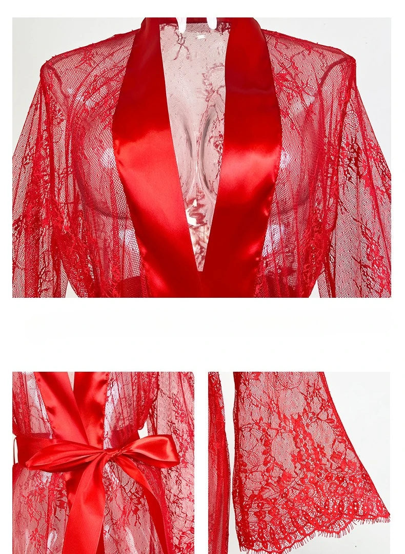 Women's Sheer Lace Robe Sexy See Through Nightgown with Jacquard Lace Floral Trim Satin Lounge Dress for Kimono Robe Home Wear