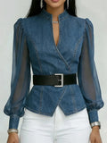 2026 New Women's Denim Express Summer and Autumn New V-Neck Lace Long Sleeve Top