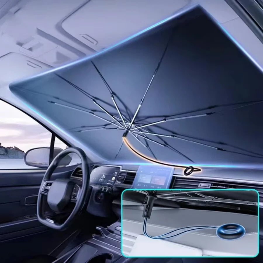 Windshield Sun Shade with 360° Pull Cord Anti-Scratch Handle - Upgraded Sunshade for Car Windshield with Double-Layer Fabric