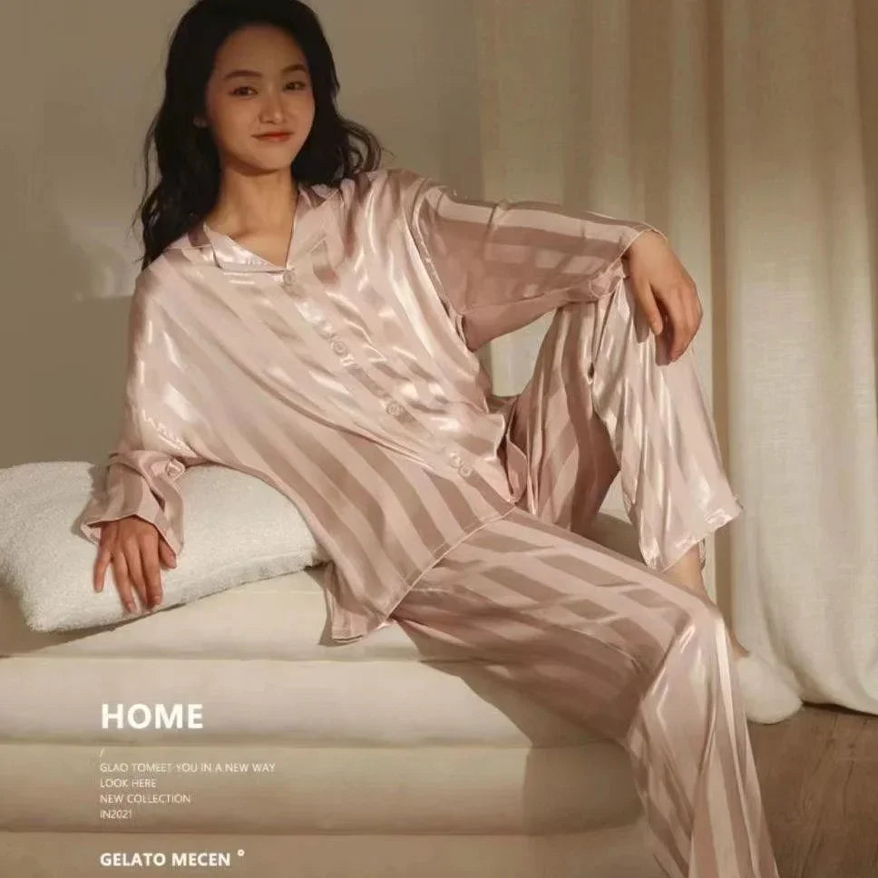 Sleepwear Summer Wear New Women's Youth Stripe Ice Silk Thin Short Sleeved Trousers Sets Pajamas Home Clothing Set Femme