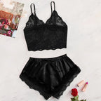 2025 Summer 2 Pcs Women's New Sexy Lace See-Through Pajamas Black