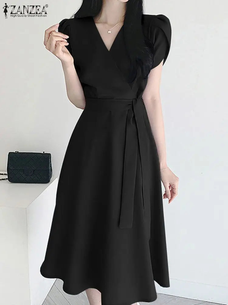 Women Fashion OL Work Sundress ZANZEA Elegant Summer Short Sleeve Dress Casual Solid A Line Vestido Kaftan Sarafans Robe Femme