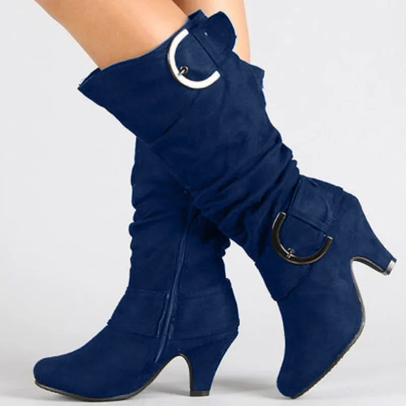Bottes Cavalier Femme Velours Givré – Talon Aiguille Boucle Printemps Automne