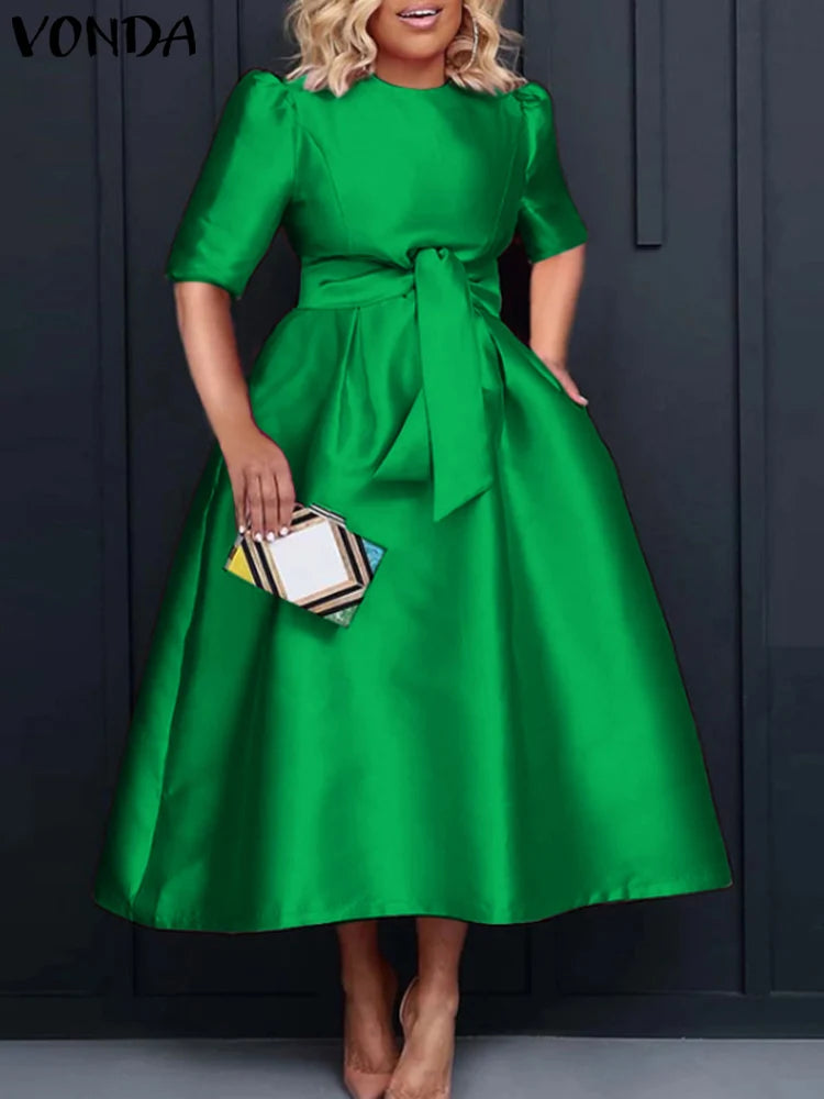 Plus Size Women Stain Dress 2024 Summer Sexy Puff Sleeve Evening Party Dress VONDA Beach Sundres Casual Loose Robe Vestidos