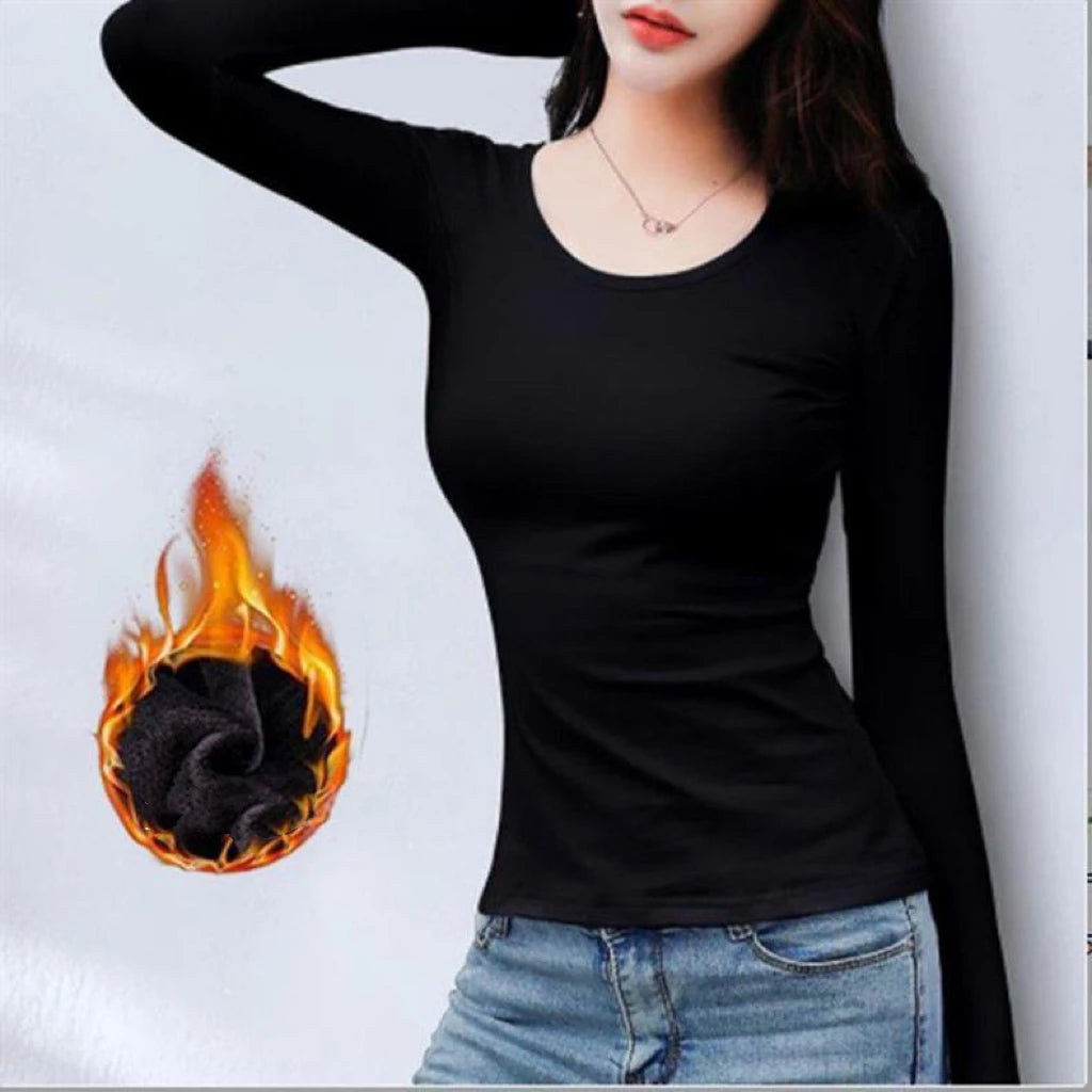 1pcs Women Velvet Thermal UnderwearT-shirt Solid Color V-Neck TShirt Winter Warm Top Female Round Neck Long Sleeve Tee Pullover