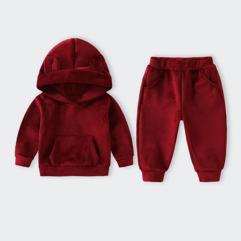 Boys Girls Velvet Warm Long Sleeve Hooded Outfit Set Children Clothing Casual Tracksuit Outdoor Wear Autumn Winter Kids Clothes