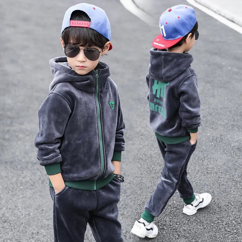 Boys Double-sided Velvet Sets Children Fashion Casual Hooded Suit Kids Autumn Winter Jackets+Pants 2Pcs Outfits Teenager Clothes