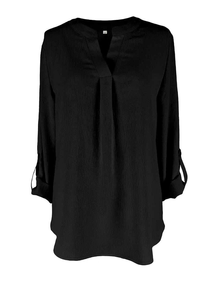 Women Elegant V-Neck Blouse Long Sleeve Roll Up Tops Casual Solid Color Loose Office Work Shirt Female Tunic Clothes