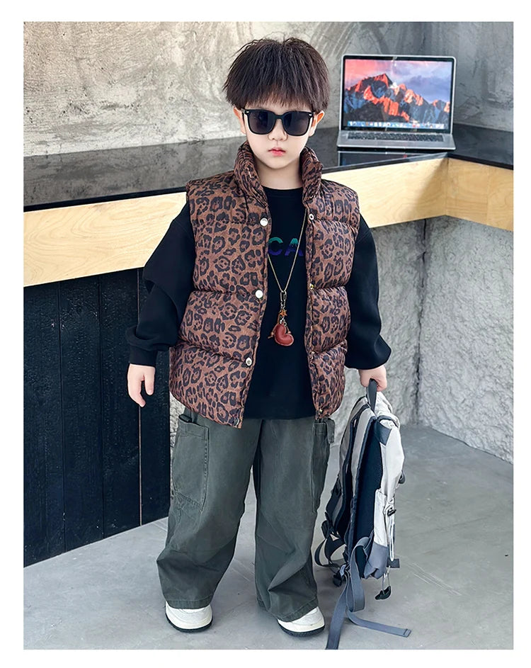 New Fashion Baby Boy Girl Leopard Print Sleeveless Vest Elegant Kids Children Winter Waistcoat Age 2 3 4 5 6 7 8 9 10 11 Years