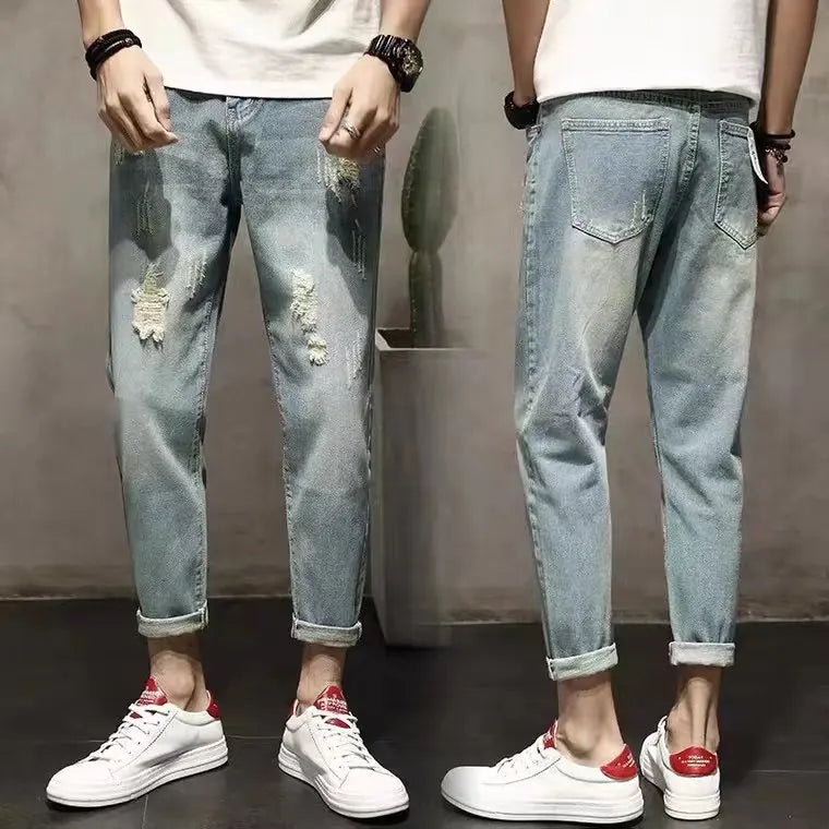 Men's Summer Thin Loose Straight Leg Jeans Casual Nine Point Ankle-Length Torn Elastic Cotton Denim Youth Fashion Wear