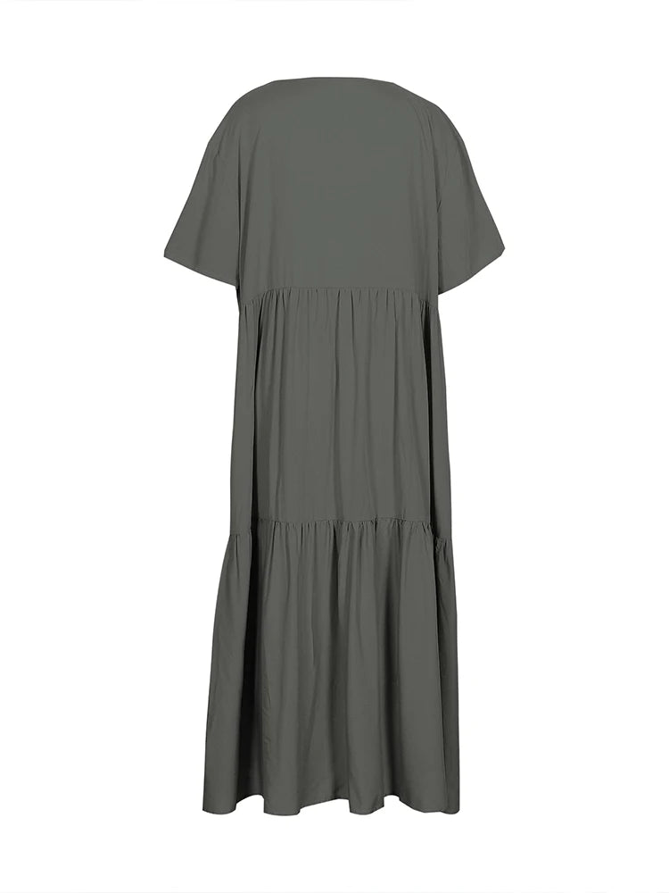 plus Size Women's Casual Loose V-Neck Solid Long Dress Spring Summer Pleated Big Size Women's Dress