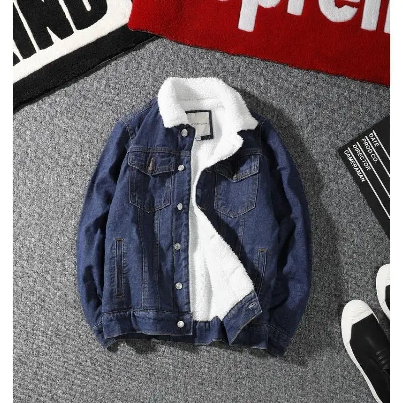 Men's Denim Jacket Autumn Winter Thickened Fleece Collar Cotton Jacket Loose Fit Warm Korean Style Lamb Velvet Lined Coat
