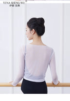 Ballet Adult Gymnastics Dance Top Long Sleeve Mesh Tops Women Transparent V Neck Drawstring Dancewear Practice Tops Costumes