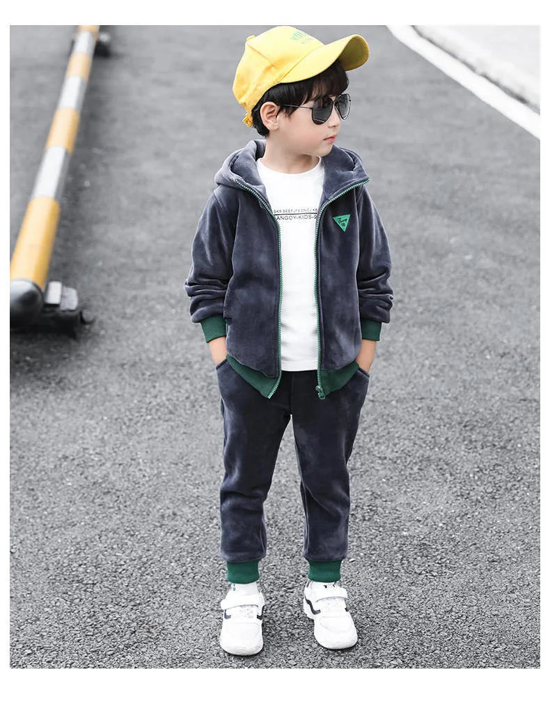 Boys Double-sided Velvet Sets Children Fashion Casual Hooded Suit Kids Autumn Winter Jackets+Pants 2Pcs Outfits Teenager Clothes