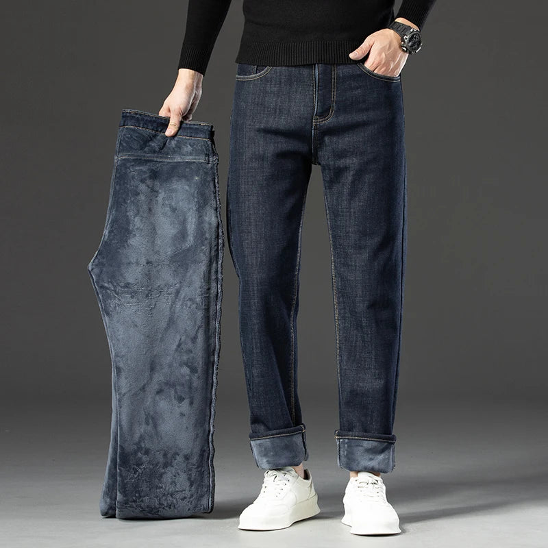 2026 Winter Fleece Thick Warm Men Jeans Slim Skinny Stretch Straight Classic Version of  Denim Plush Pants Male Brand Clothing