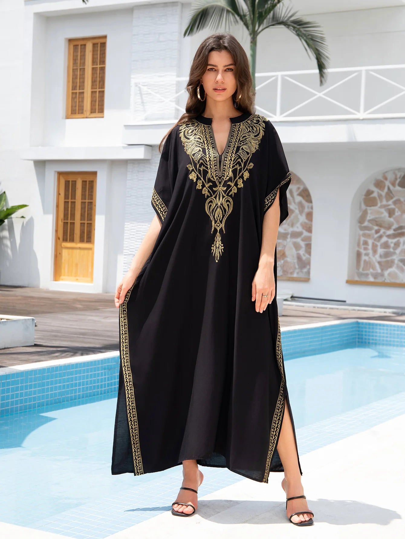 Boho Dress Women's Fashion Cotton Embroidered Beach Sun Protection Dresses For Women Loose Robe Bikini Swimsuit Outer Blouse