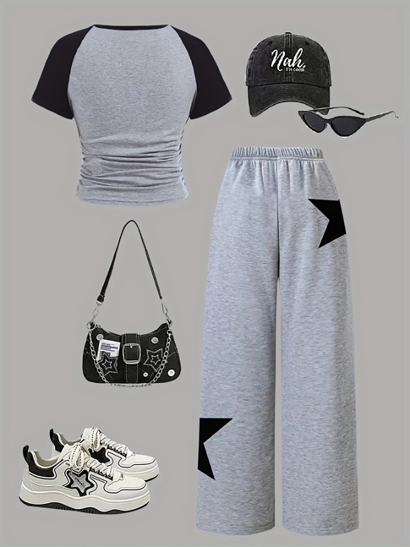 Trendy Items for Girls, Girls' Clothing, 2-Piece Girls' Outfit, Back-To-School Clothing, Star Pattern, Gray Wide-Leg Sweatpants, American Football, Volleyball, Thanksgiving, Halloween Outfits, Christmas Sweatpants, Suitable f