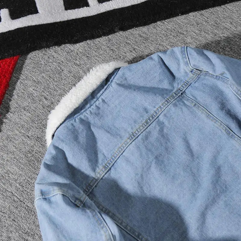 Men's Denim Jacket Autumn Winter Thickened Fleece Collar Cotton Jacket Loose Fit Warm Korean Style Lamb Velvet Lined Coat