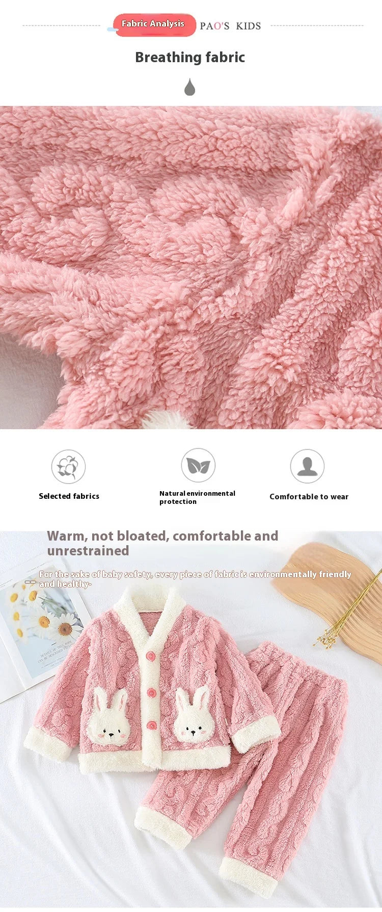 Pyjama Fille Flanelle Motif Lapin – Chaud Kawaii Automne Hiver 90-130cm