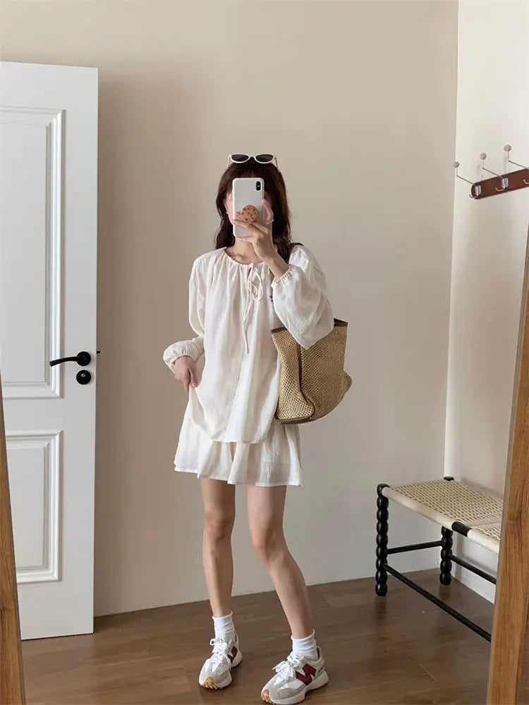 Plus-size Fashionable and Casual Women's Summer Outfit for Plus-size Loose Sunscreen Long-sleeved Top with Shorts Two-piece Set
