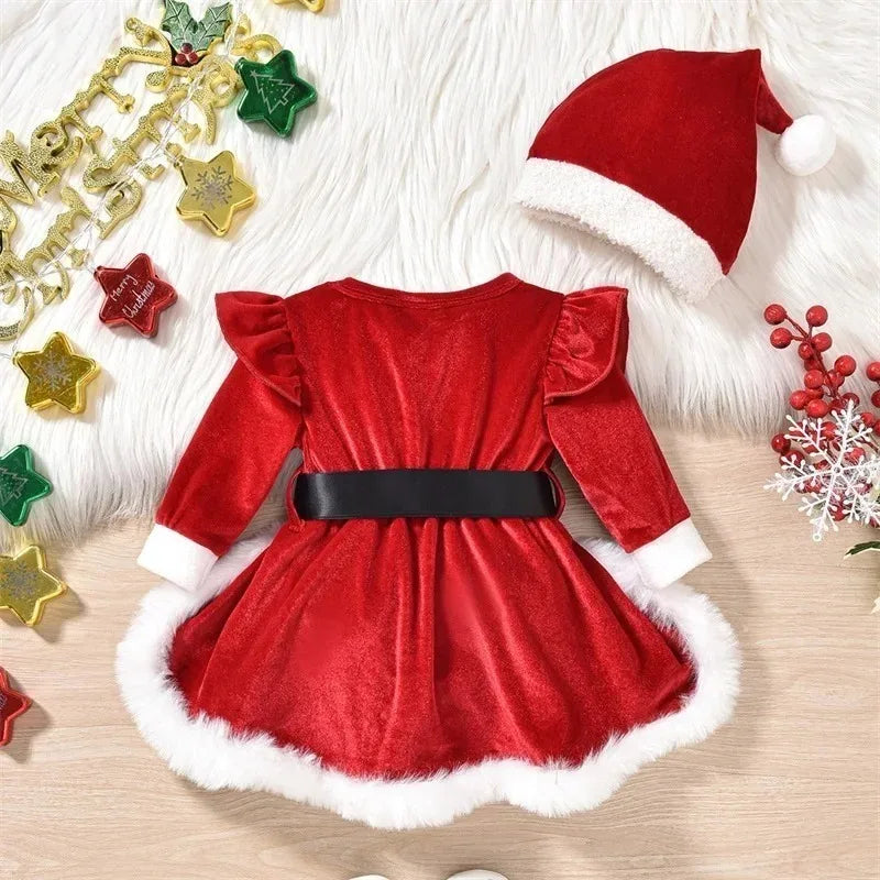 Baby Girl's Christmas Velvet Dress with PP shorts & Hat Set ,Pom pom Trim baby girl clothes,크리스마스 아기의상 ,vestido bebê menina luxo