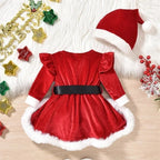 Baby Girl's Christmas Velvet Dress with PP shorts & Hat Set ,Pom pom Trim baby girl clothes,크리스마스 아기의상 ,vestido bebê menina luxo