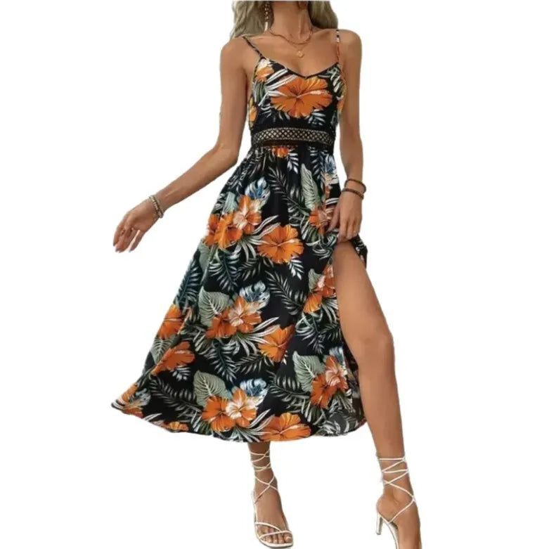 Robe Femmes V-neck Suspender Bohemian Style Fashion Printed Hem Slit Loose Dress Womens Summer New Beach Resort Style Long Skirt
