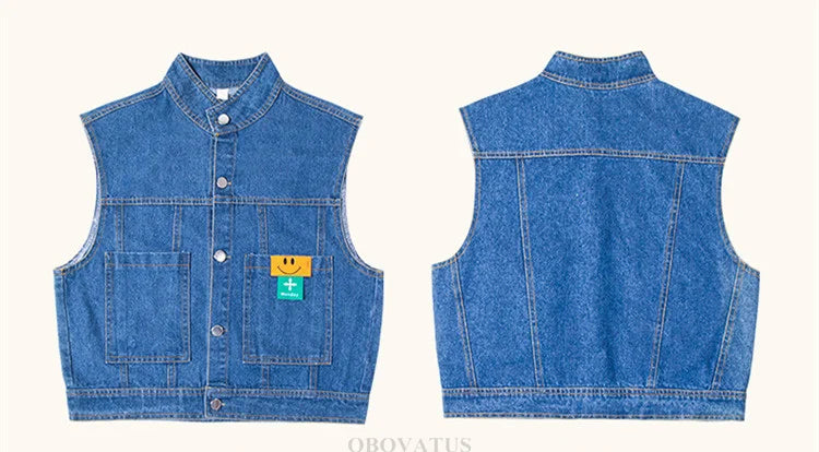 New Fashion Kids Girl Denim Vest Wasitcoat with Smile Face Outerwear Vintage Blue Children Casual Sleeveless Denim Jacket Outfit